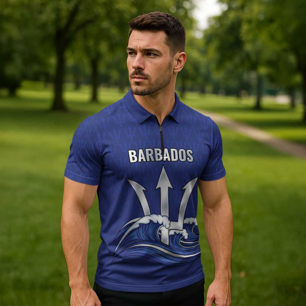 Caribbean Cricket Barbados Custom Zipper Polo Shirt Trident Champion’s Wave - Wonder Print Shop