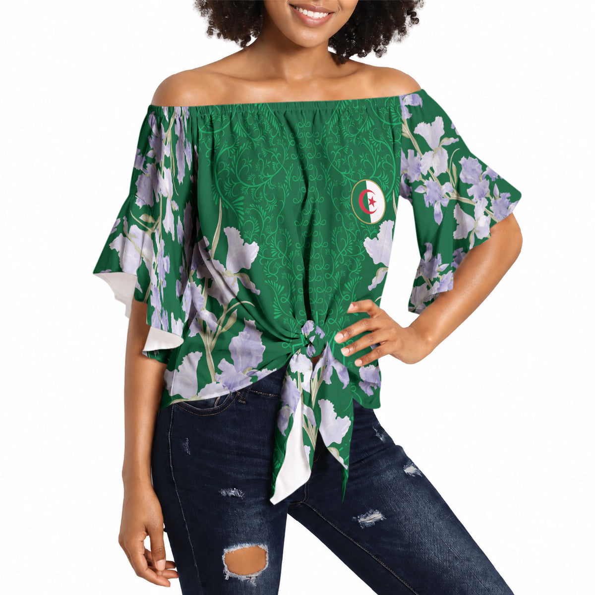 Custom Algeria Iris Floral Green Off Shoulder Wrap Waist Top Africa Women’s Football Champion Series 2026