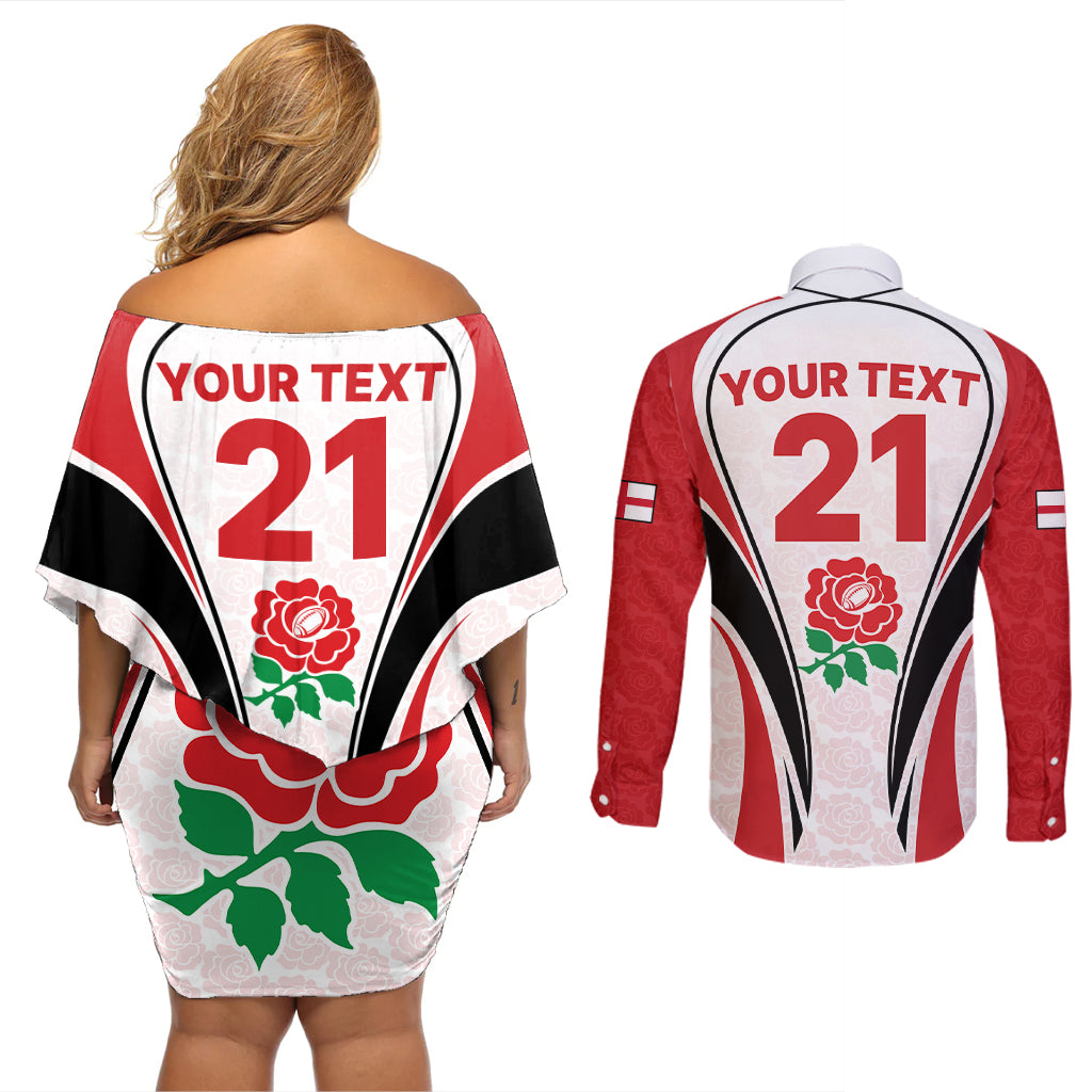 Custom England Rugby Couples Matching Off Shoulder Short Dress and Long Sleeve Button Shirts Come On Red Rose Word Cup 2023 LT9 - Wonder Print Shop
