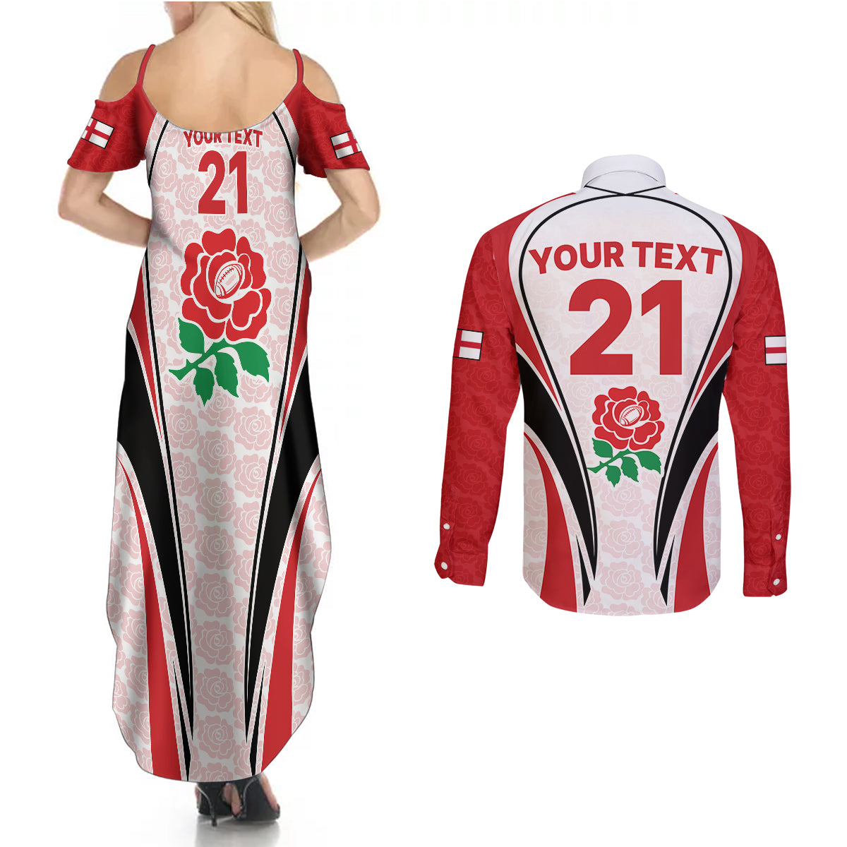 Custom England Rugby Couples Matching Summer Maxi Dress and Long Sleeve Button Shirts Come On Red Rose Word Cup 2023 LT9 - Wonder Print Shop
