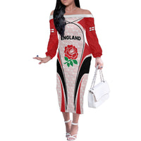 Custom England Rugby Family Matching Off Shoulder Long Sleeve Dress and Hawaiian Shirt Come On Red Rose Word Cup 2023 - Wonder Print Shop