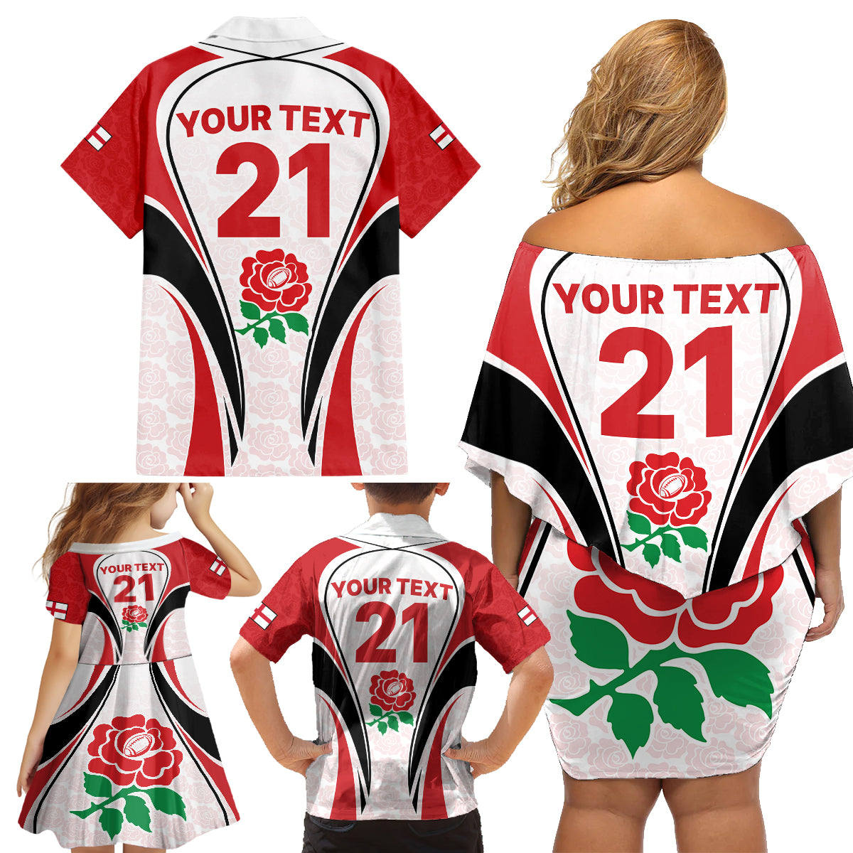 Custom England Rugby Family Matching Off Shoulder Short Dress and Hawaiian Shirt Come On Red Rose Word Cup 2023 LT9 - Wonder Print Shop