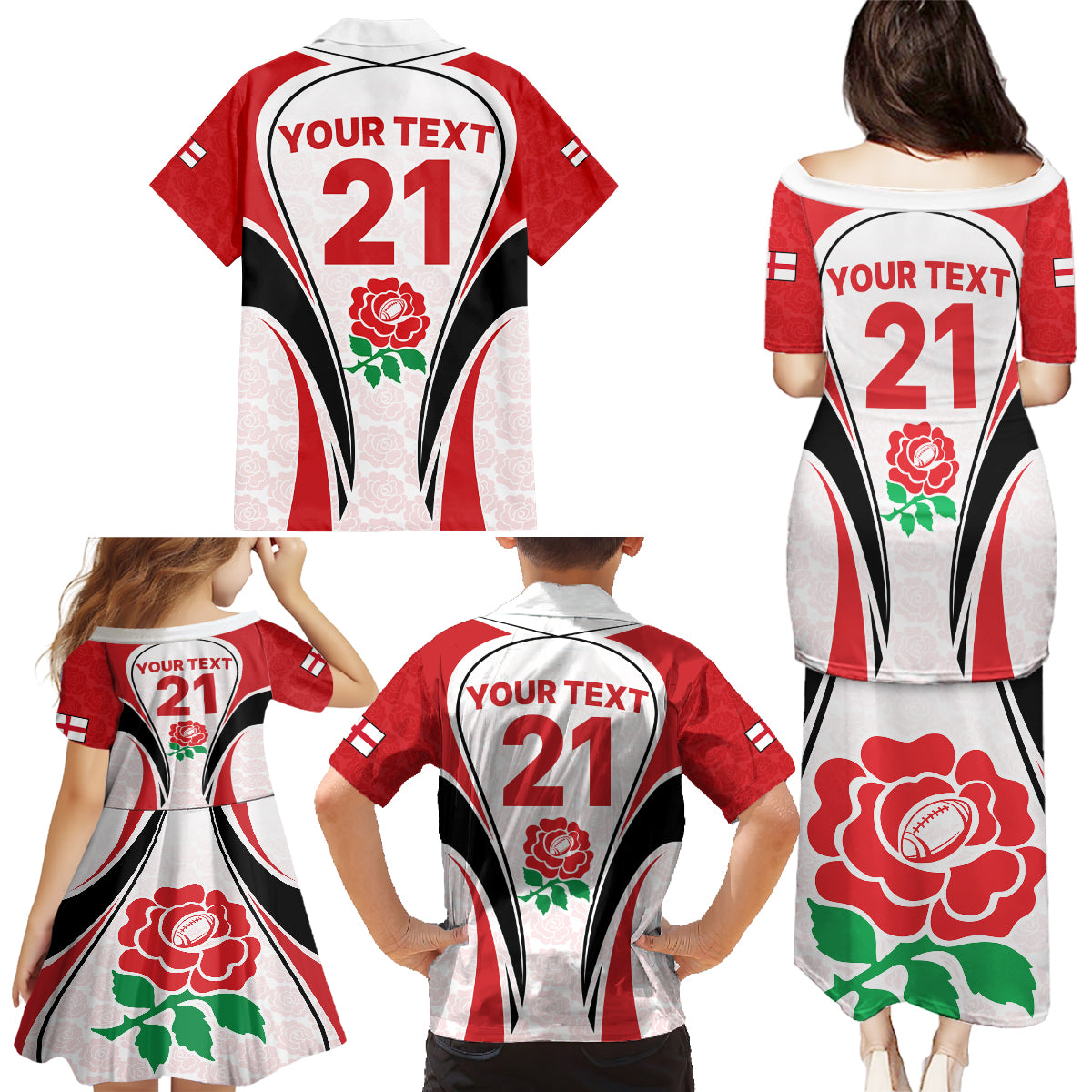 Custom England Rugby Family Matching Puletasi Dress and Hawaiian Shirt Come On Red Rose Word Cup 2023 - Wonder Print Shop
