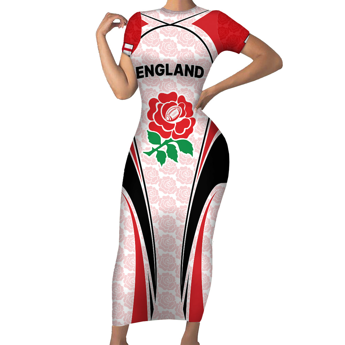 Custom England Rugby Family Matching Short Sleeve Bodycon Dress and Hawaiian Shirt Come On Red Rose Word Cup 2023 - Wonder Print Shop