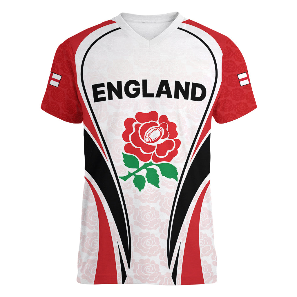 Custom England Rugby Women V Neck T Shirt Come On Red Rose Word Cup 2023 - Wonder Print Shop