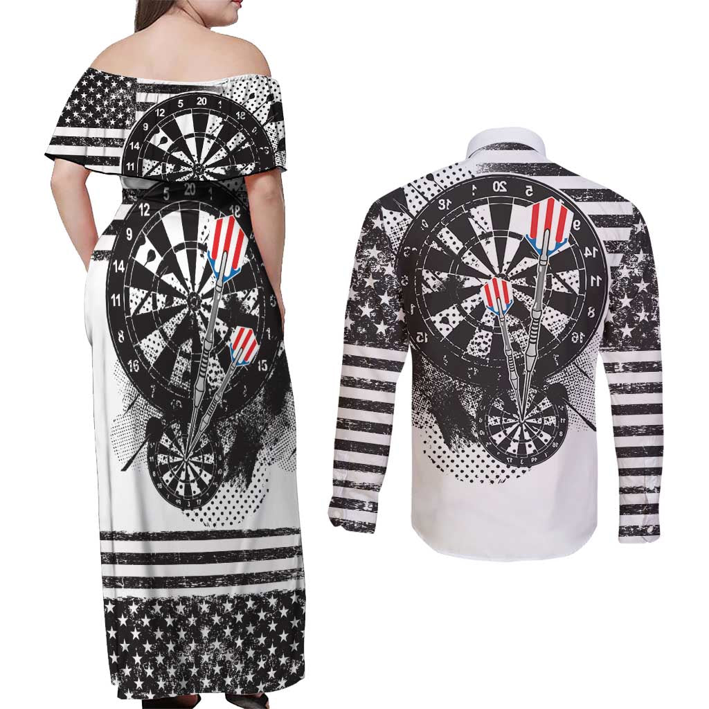 USA Darts Couples Matching Off Shoulder Maxi Dress and Long Sleeve Button Shirt American Bald Eagle with Grunge Style LT9 - Wonder Print Shop