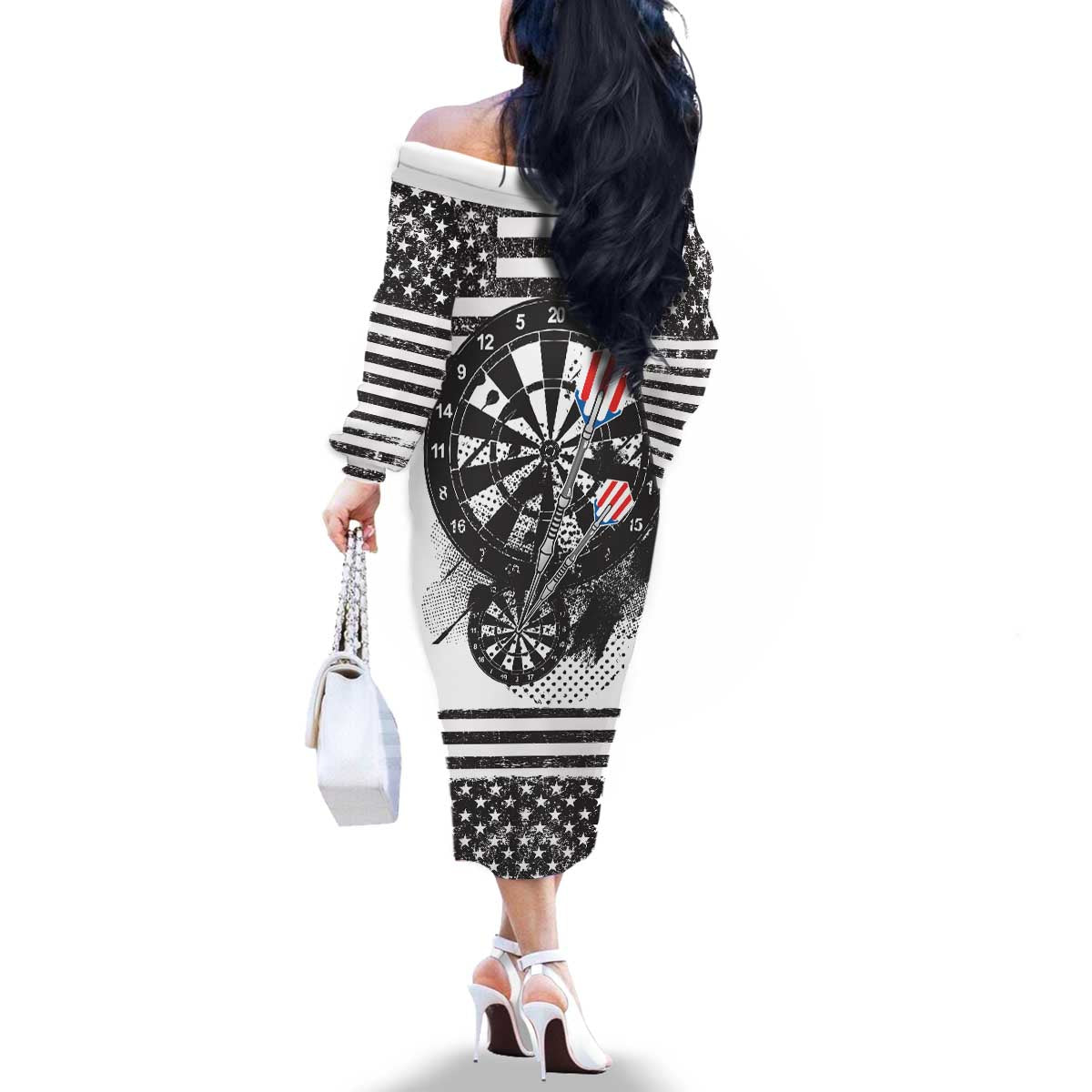 USA Darts Family Matching Off The Shoulder Long Sleeve Dress and Hawaiian Shirt American Bald Eagle with Grunge Style - Wonder Print Shop