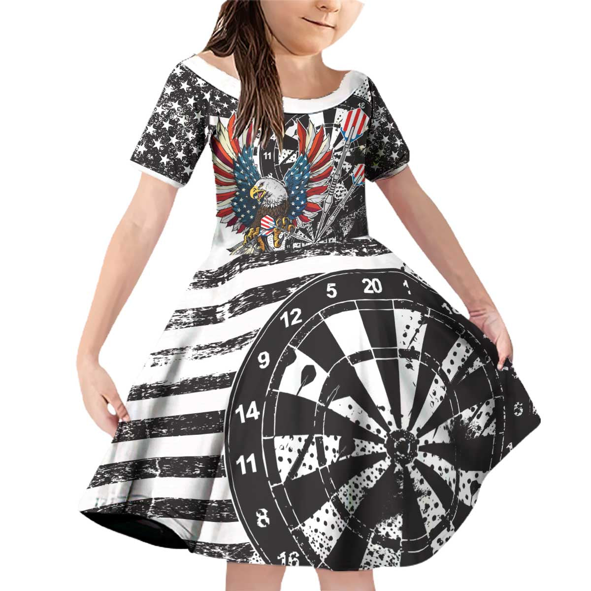 USA Darts Family Matching Off Shoulder Short Dress and Hawaiian Shirt American Bald Eagle with Grunge Style LT9 - Wonder Print Shop