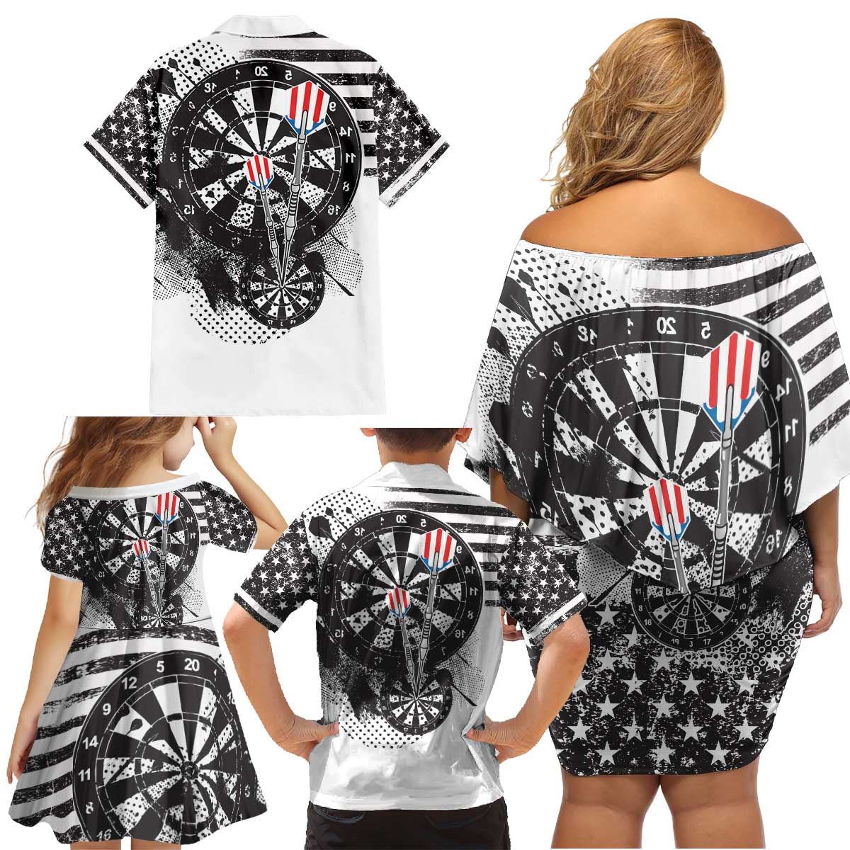 USA Darts Family Matching Off Shoulder Short Dress and Hawaiian Shirt American Bald Eagle with Grunge Style LT9 - Wonder Print Shop