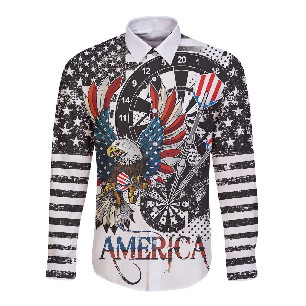 USA Darts Long Sleeve Button Shirt American Bald Eagle with Grunge Style - Wonder Print Shop
