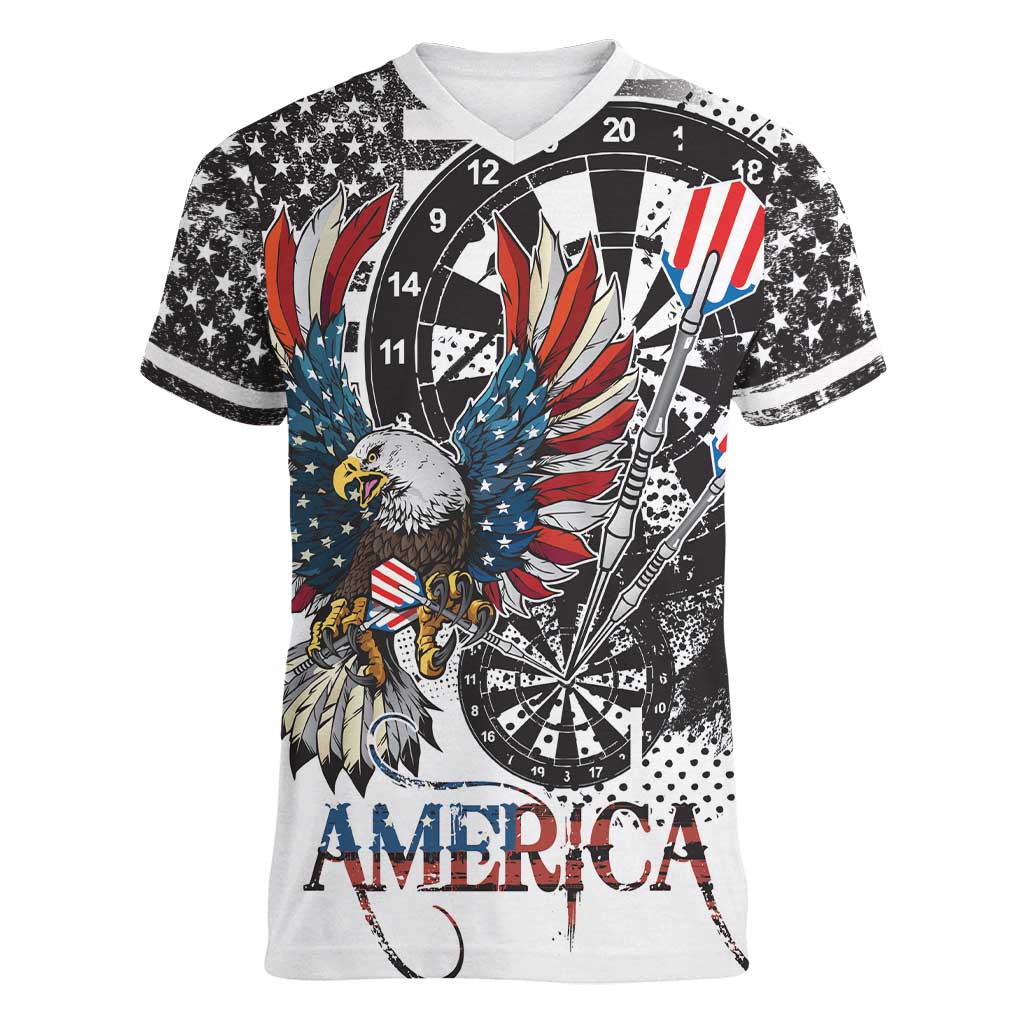 USA Darts Women V-Neck T-Shirt American Bald Eagle with Grunge Style - Wonder Print Shop