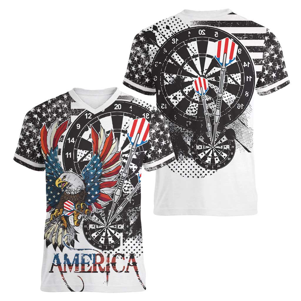 USA Darts Women V-Neck T-Shirt American Bald Eagle with Grunge Style - Wonder Print Shop