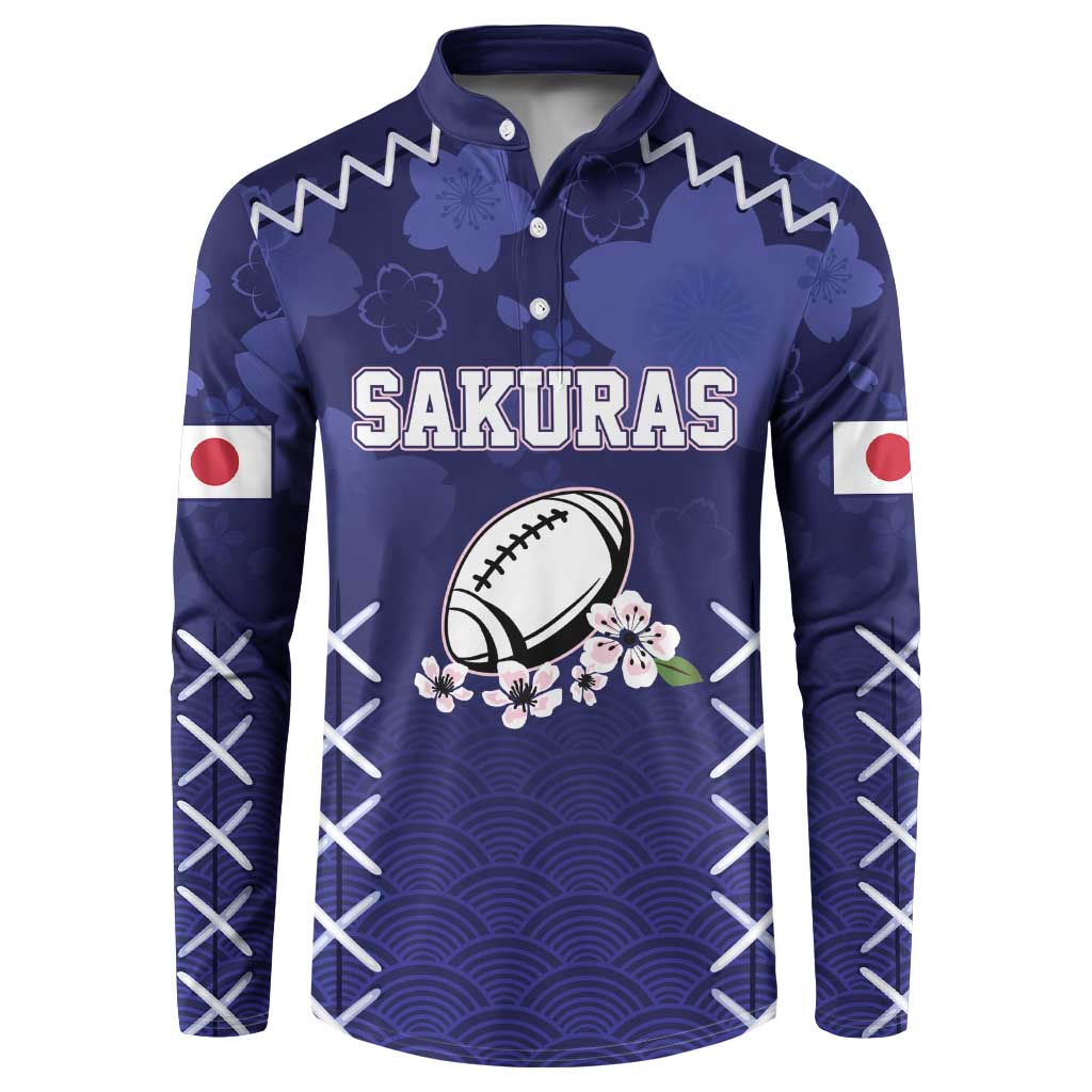 Custom Japan Rugby Pacific Button Sweatshirt Sakuras Rising Sun with Polynesian Pattern LT9 - Wonder Print Shop