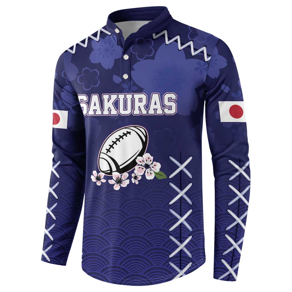 Custom Japan Rugby Pacific Button Sweatshirt Sakuras Rising Sun with Polynesian Pattern LT9 - Wonder Print Shop