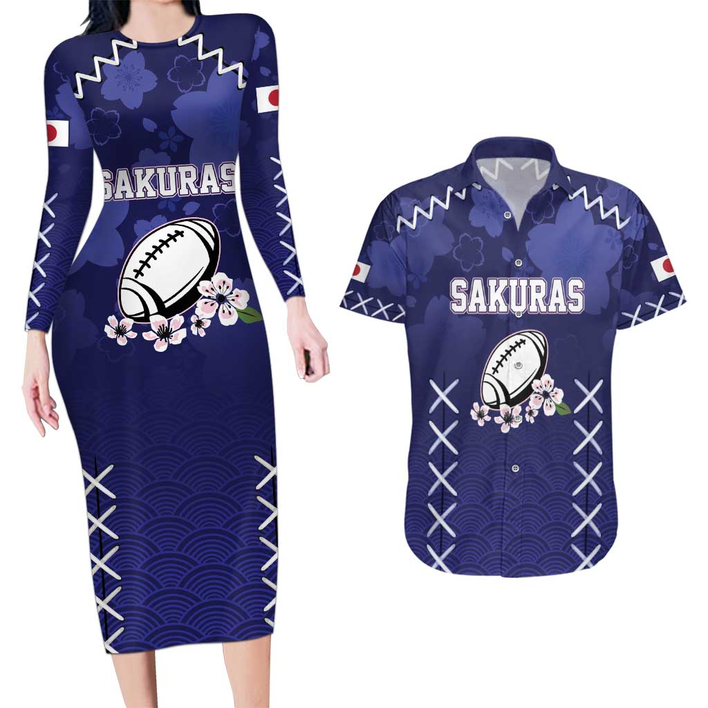 Custom Japan Rugby Pacific Couples Matching Long Sleeve Bodycon Dress and Hawaiian Shirt Sakuras Rising Sun with Polynesian Pattern LT9 - Wonder Print Shop