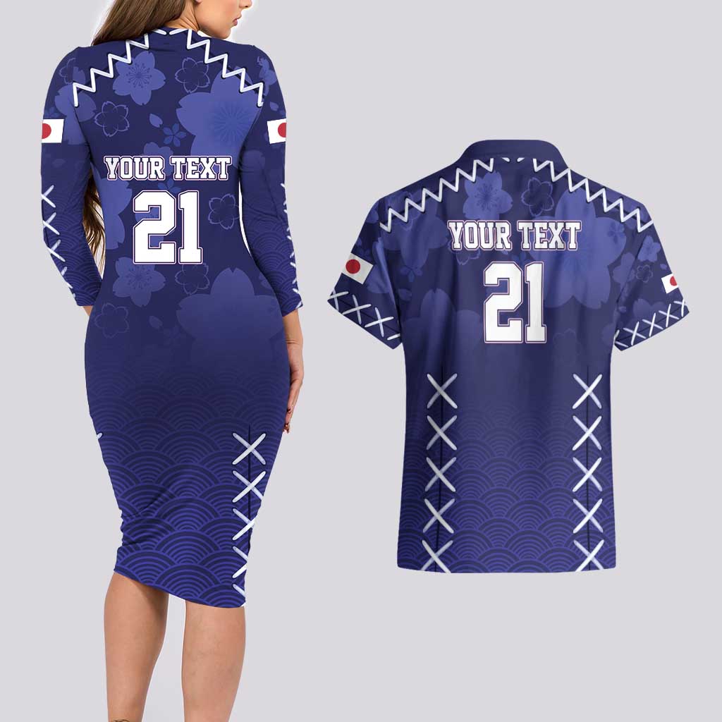 Custom Japan Rugby Pacific Couples Matching Long Sleeve Bodycon Dress and Hawaiian Shirt Sakuras Rising Sun with Polynesian Pattern LT9 - Wonder Print Shop