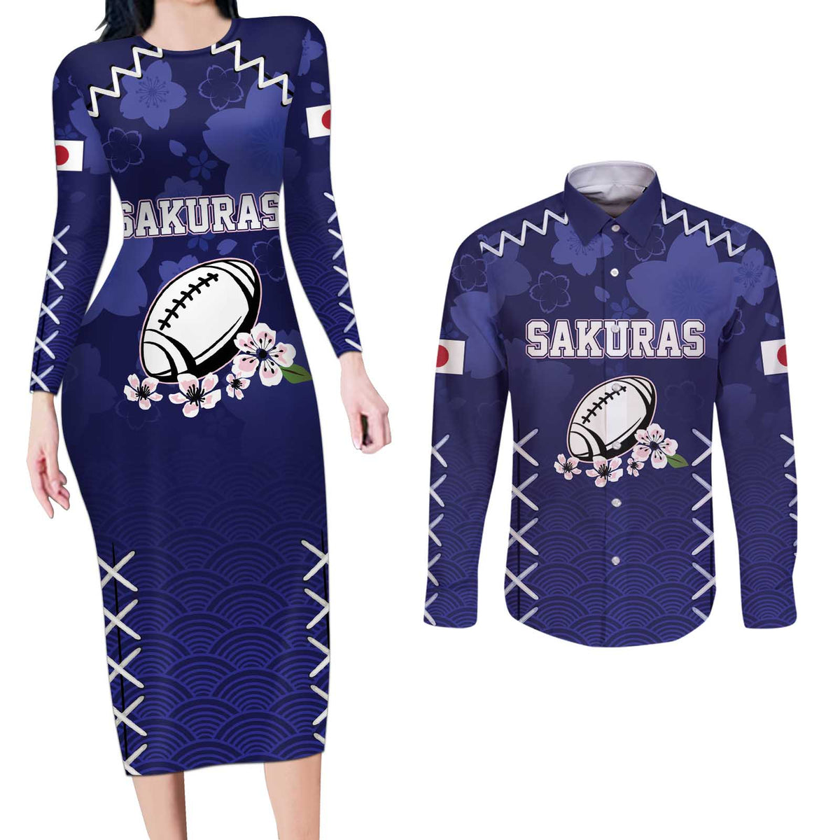 Custom Japan Rugby Pacific Couples Matching Long Sleeve Bodycon Dress and Long Sleeve Button Shirt Sakuras Rising Sun with Polynesian Pattern LT9 - Wonder Print Shop