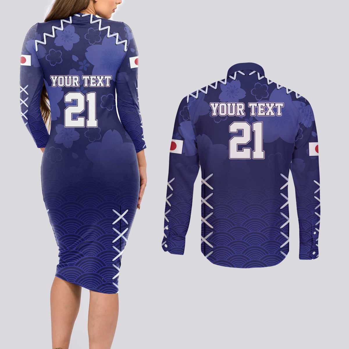 Custom Japan Rugby Pacific Couples Matching Long Sleeve Bodycon Dress and Long Sleeve Button Shirt Sakuras Rising Sun with Polynesian Pattern LT9 - Wonder Print Shop