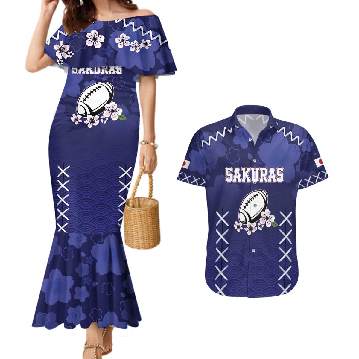 Custom Japan Rugby Pacific Couples Matching Mermaid Dress and Hawaiian Shirt Sakuras Rising Sun with Polynesian Pattern LT9 - Wonder Print Shop