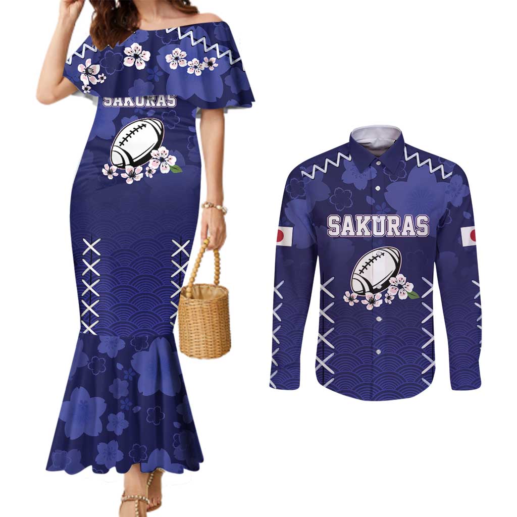 Japan Rugby Pacific Couples Matching Mermaid Dress and Long Sleeve Button Shirt Sakuras Rising Sun wiht Polynesian Pattern