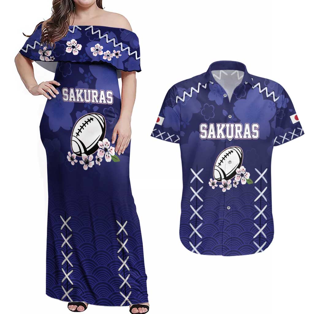 Custom Japan Rugby Pacific Couples Matching Off Shoulder Maxi Dress and Hawaiian Shirt Sakuras Rising Sun with Polynesian Pattern LT9 - Wonder Print Shop