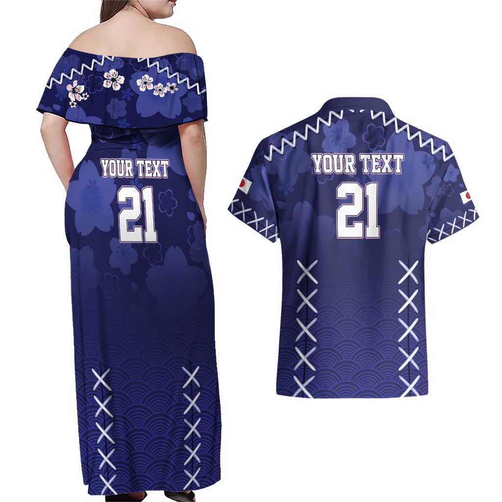 Custom Japan Rugby Pacific Couples Matching Off Shoulder Maxi Dress and Hawaiian Shirt Sakuras Rising Sun with Polynesian Pattern LT9 - Wonder Print Shop