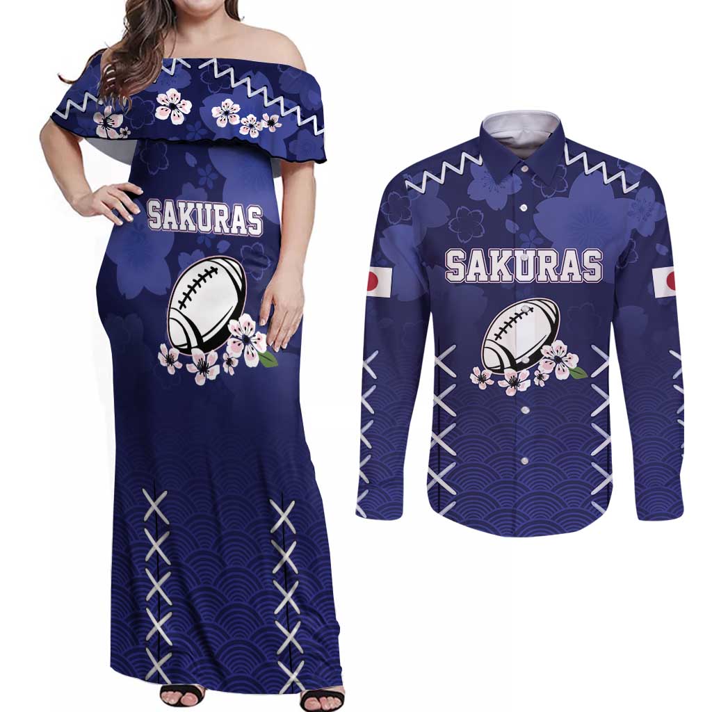 Custom Japan Rugby Pacific Couples Matching Off Shoulder Maxi Dress and Long Sleeve Button Shirt Sakuras Rising Sun with Polynesian Pattern LT9 - Wonder Print Shop