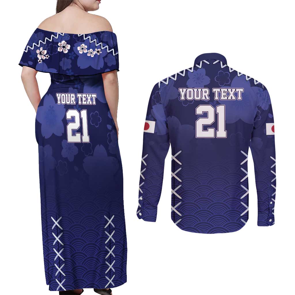 Custom Japan Rugby Pacific Couples Matching Off Shoulder Maxi Dress and Long Sleeve Button Shirt Sakuras Rising Sun with Polynesian Pattern LT9 - Wonder Print Shop