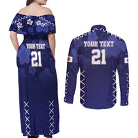 Custom Japan Rugby Pacific Couples Matching Off Shoulder Maxi Dress and Long Sleeve Button Shirt Sakuras Rising Sun with Polynesian Pattern LT9 - Wonder Print Shop