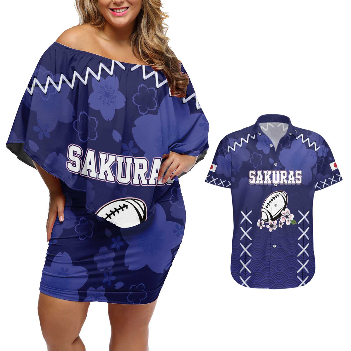 Custom Japan Rugby Pacific Couples Matching Off Shoulder Short Dress and Hawaiian Shirt Sakuras Rising Sun with Polynesian Pattern LT9 - Wonder Print Shop