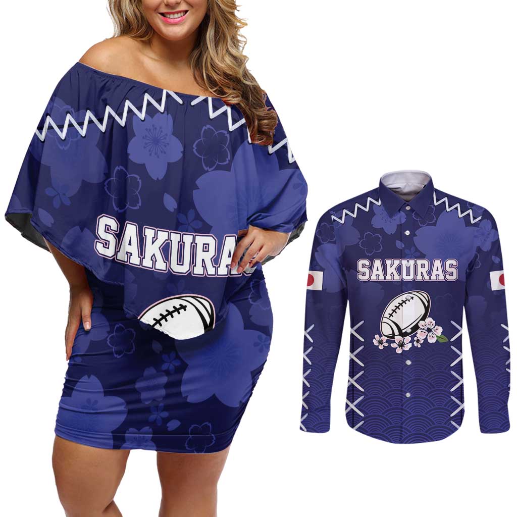 Custom Japan Rugby Pacific Couples Matching Off Shoulder Short Dress and Long Sleeve Button Shirt Sakuras Rising Sun with Polynesian Pattern LT9 - Wonder Print Shop