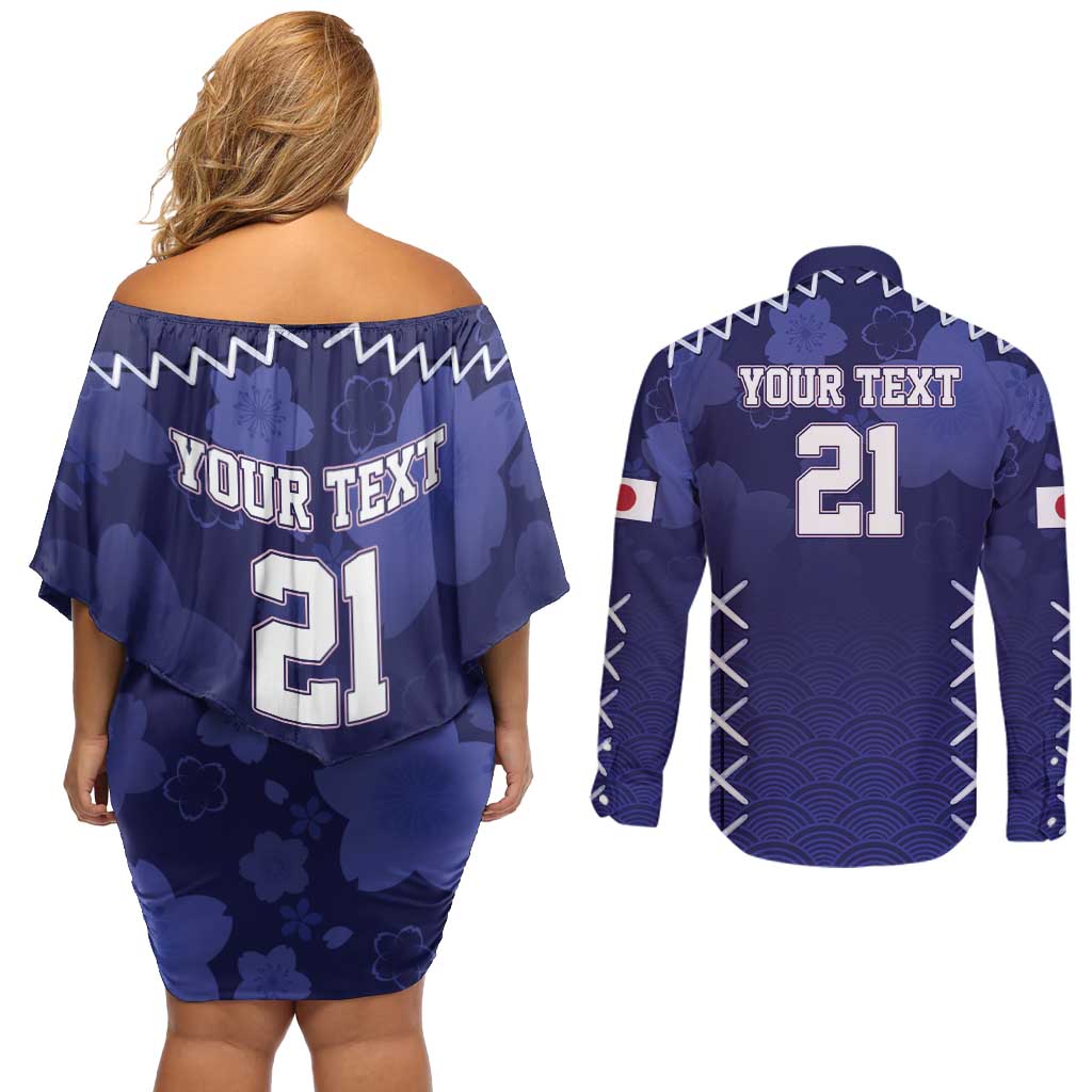 Custom Japan Rugby Pacific Couples Matching Off Shoulder Short Dress and Long Sleeve Button Shirt Sakuras Rising Sun with Polynesian Pattern LT9 - Wonder Print Shop