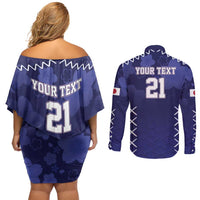 Custom Japan Rugby Pacific Couples Matching Off Shoulder Short Dress and Long Sleeve Button Shirt Sakuras Rising Sun with Polynesian Pattern LT9 - Wonder Print Shop