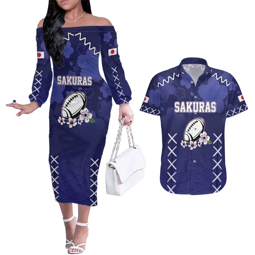 Custom Japan Rugby Pacific Couples Matching Off The Shoulder Long Sleeve Dress and Hawaiian Shirt Sakuras Rising Sun with Polynesian Pattern LT9 - Wonder Print Shop