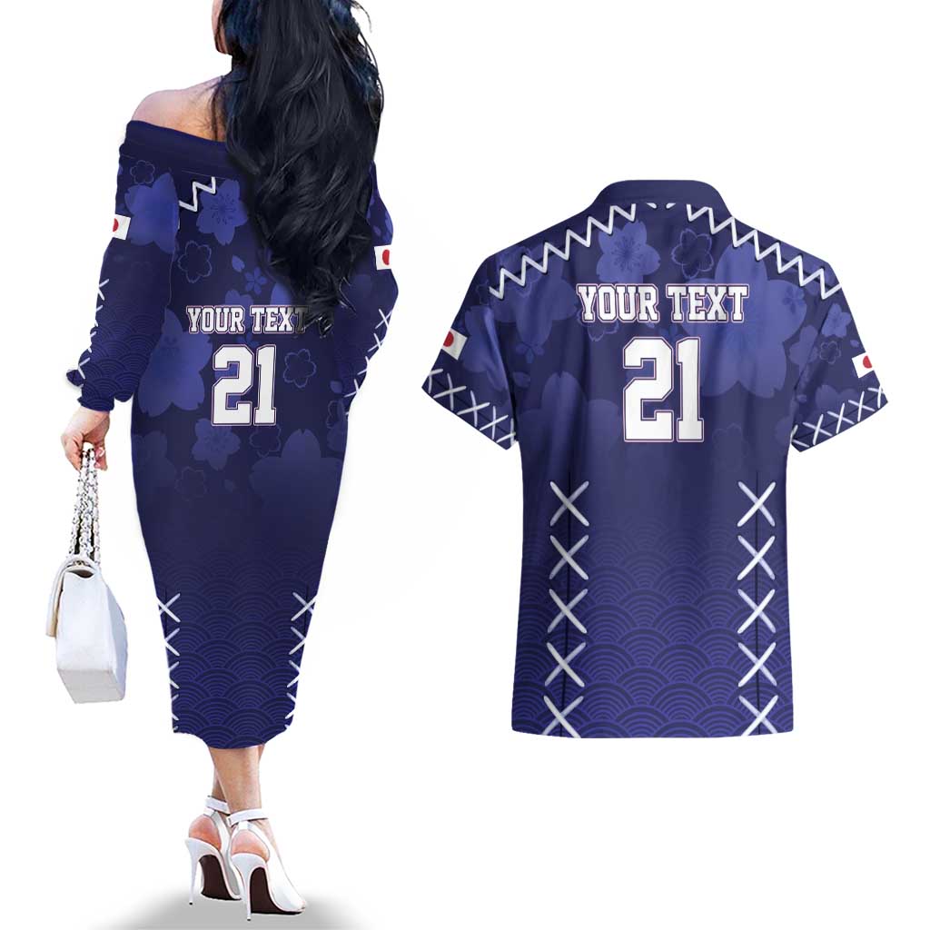 Custom Japan Rugby Pacific Couples Matching Off The Shoulder Long Sleeve Dress and Hawaiian Shirt Sakuras Rising Sun with Polynesian Pattern LT9 - Wonder Print Shop