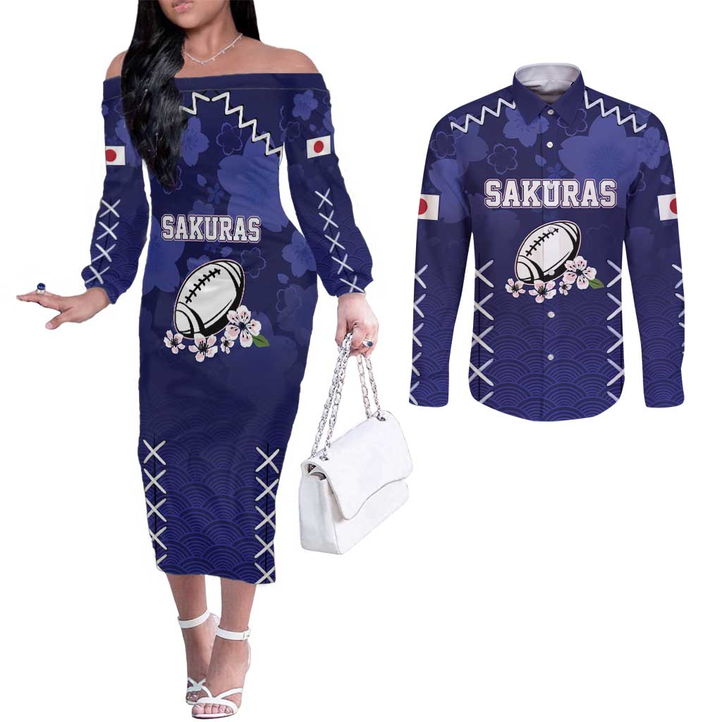 Japan Rugby Pacific Couples Matching Off The Shoulder Long Sleeve Dress and Long Sleeve Button Shirt Sakuras Rising Sun wiht Polynesian Pattern
