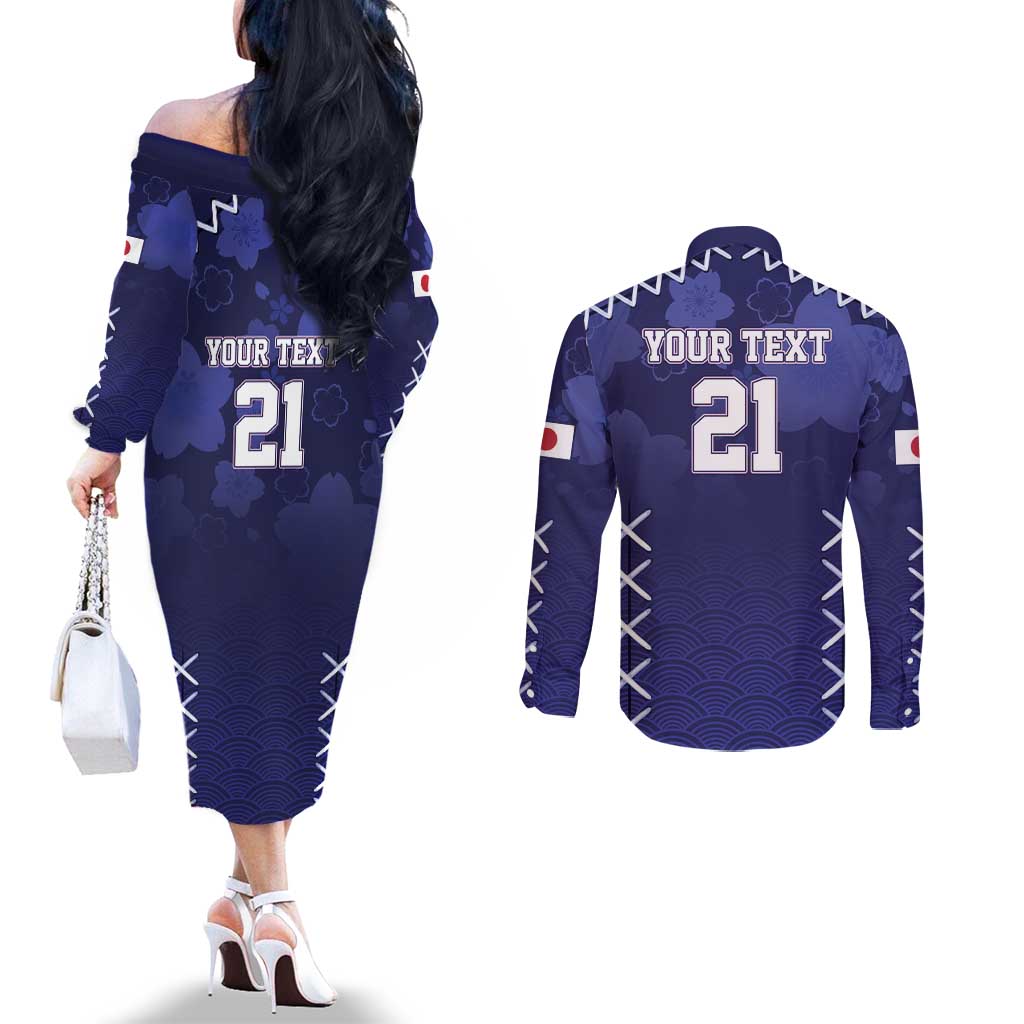 Japan Rugby Pacific Couples Matching Off The Shoulder Long Sleeve Dress and Long Sleeve Button Shirt Sakuras Rising Sun wiht Polynesian Pattern