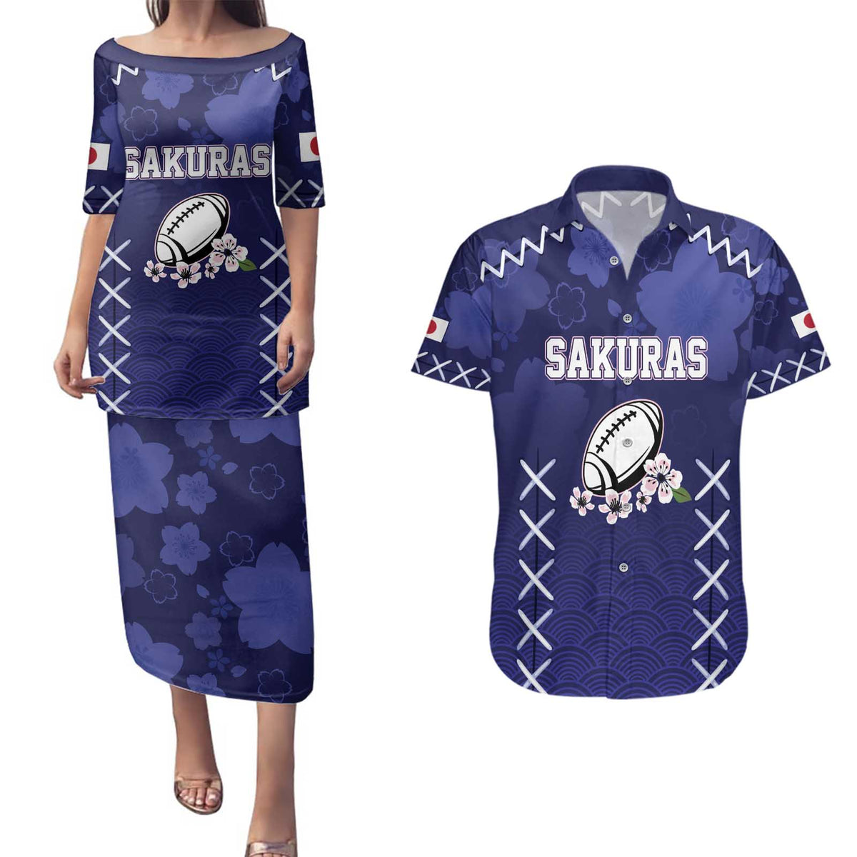 Custom Japan Rugby Pacific Couples Matching Puletasi and Hawaiian Shirt Sakuras Rising Sun with Polynesian Pattern LT9 - Wonder Print Shop