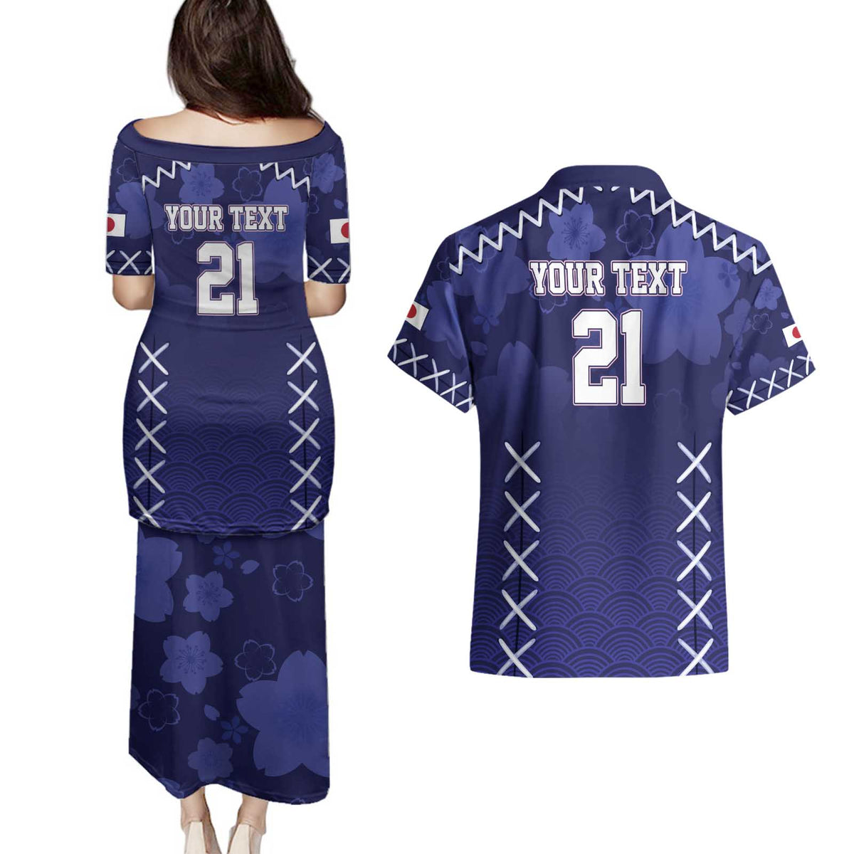 Custom Japan Rugby Pacific Couples Matching Puletasi and Hawaiian Shirt Sakuras Rising Sun with Polynesian Pattern LT9 - Wonder Print Shop