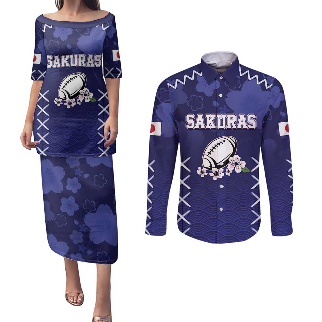 Custom Japan Rugby Pacific Couples Matching Puletasi and Long Sleeve Button Shirt Sakuras Rising Sun with Polynesian Pattern LT9 - Wonder Print Shop