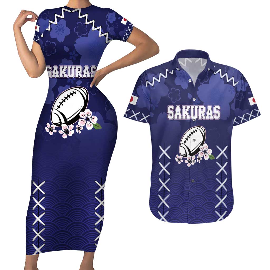 Custom Japan Rugby Pacific Couples Matching Short Sleeve Bodycon Dress and Hawaiian Shirt Sakuras Rising Sun with Polynesian Pattern LT9 - Wonder Print Shop