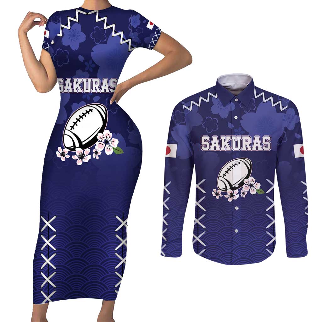 Custom Japan Rugby Pacific Couples Matching Short Sleeve Bodycon Dress and Long Sleeve Button Shirt Sakuras Rising Sun with Polynesian Pattern LT9 - Wonder Print Shop