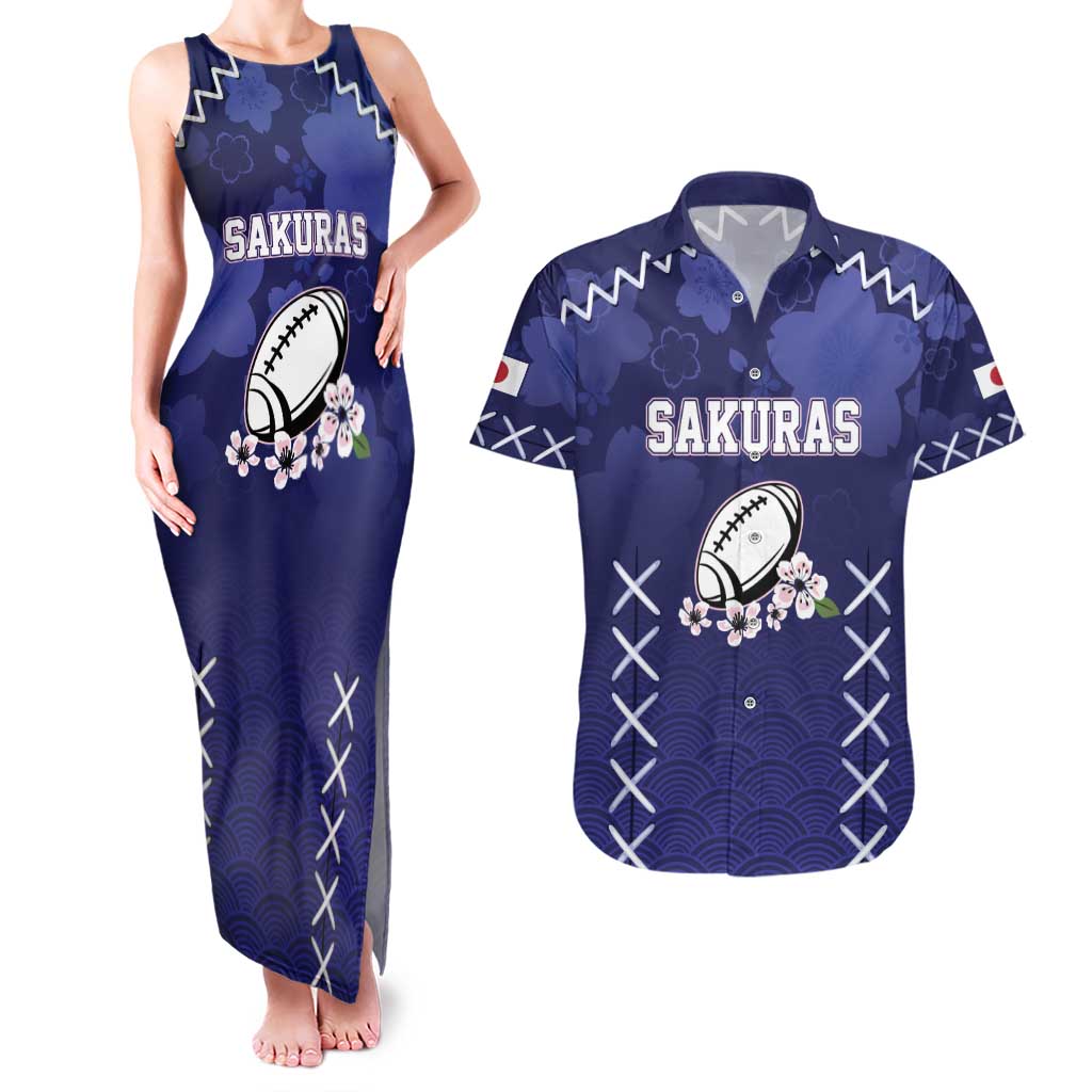 Custom Japan Rugby Pacific Couples Matching Tank Maxi Dress and Hawaiian Shirt Sakuras Rising Sun with Polynesian Pattern LT9 - Wonder Print Shop
