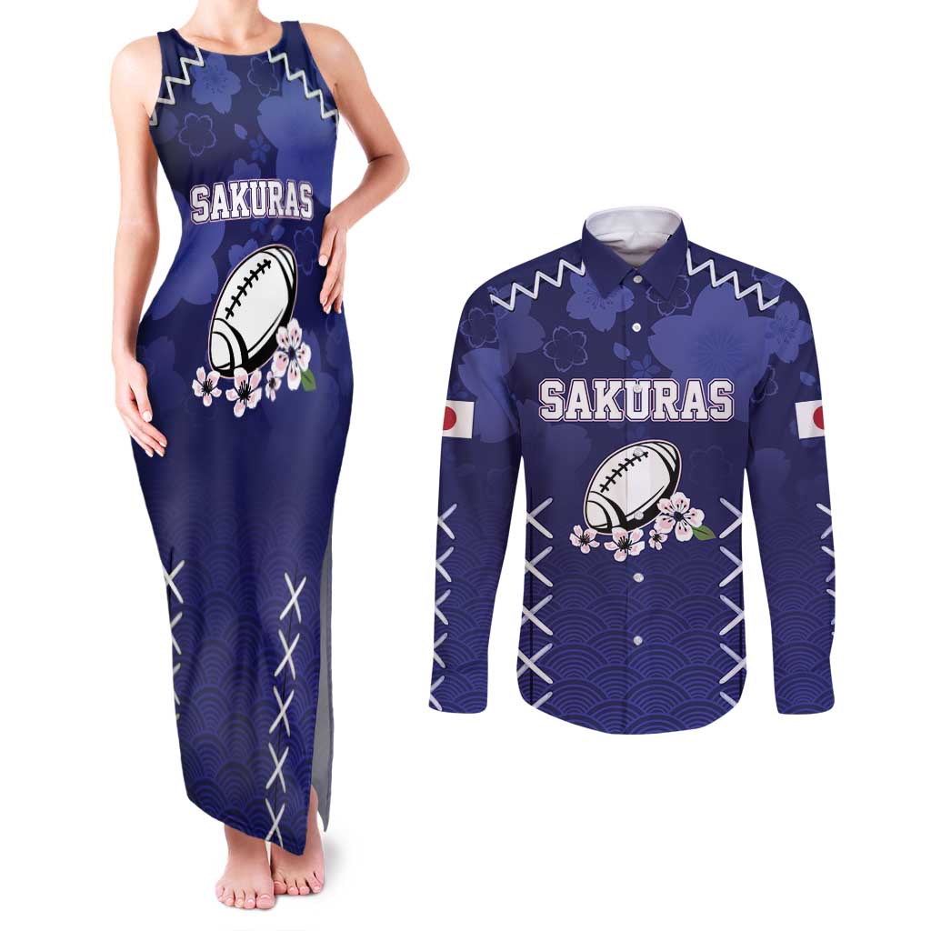 Custom Japan Rugby Pacific Couples Matching Tank Maxi Dress and Long Sleeve Button Shirt Sakuras Rising Sun with Polynesian Pattern LT9 - Wonder Print Shop