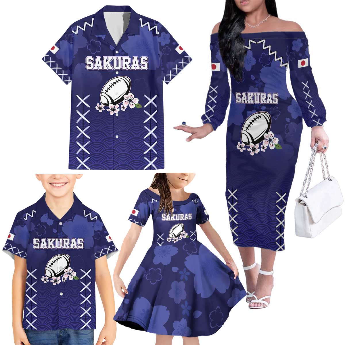 Custom Japan Rugby Pacific Family Matching Off The Shoulder Long Sleeve Dress and Hawaiian Shirt Sakuras Rising Sun with Polynesian Pattern - Wonder Print Shop