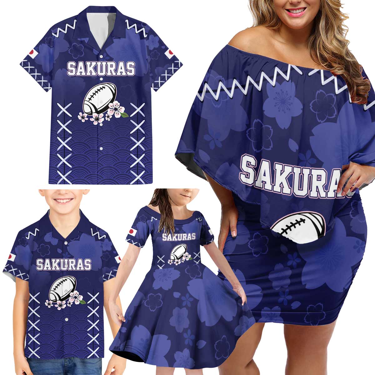 Custom Japan Rugby Pacific Family Matching Off Shoulder Short Dress and Hawaiian Shirt Sakuras Rising Sun with Polynesian Pattern LT9 - Wonder Print Shop