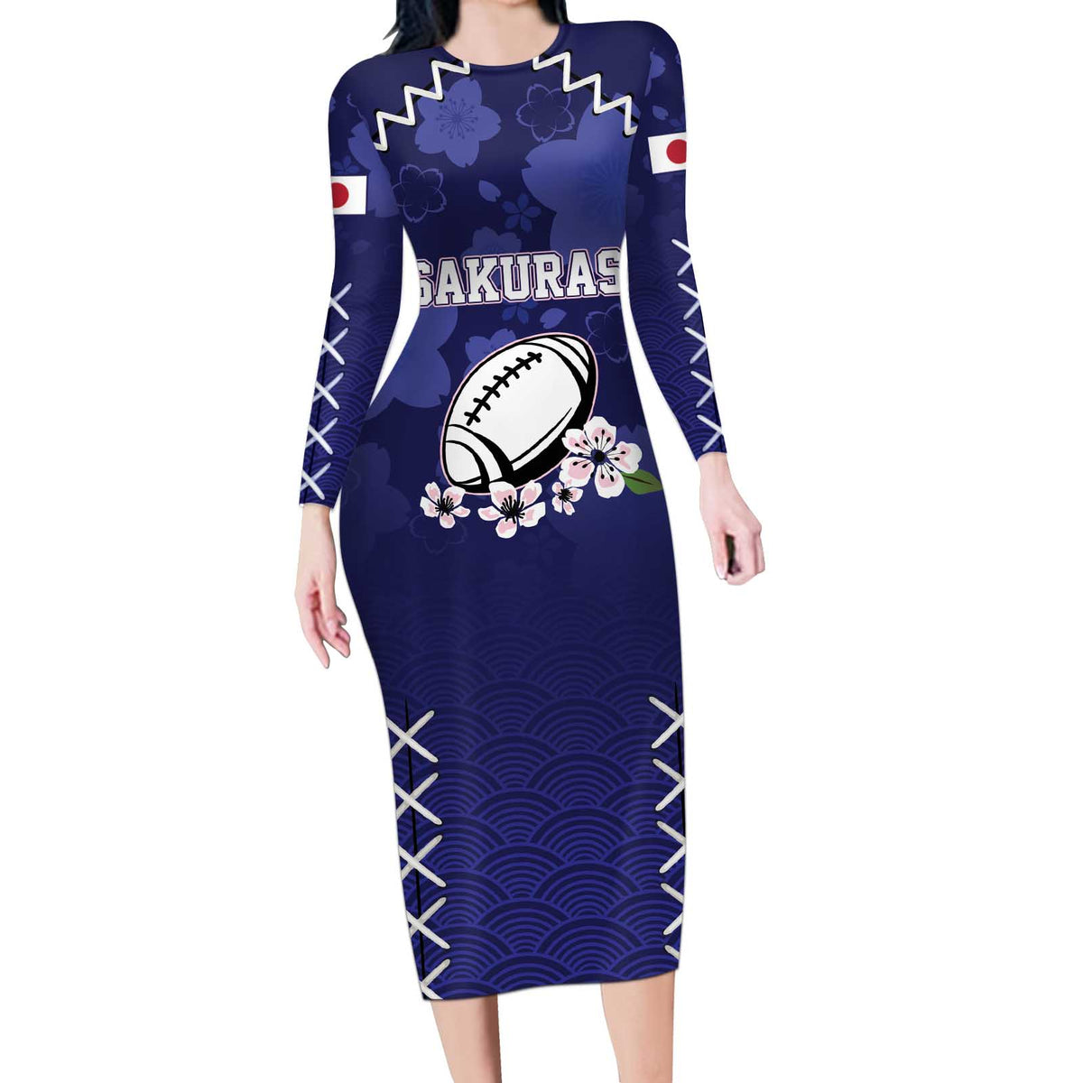 Custom Japan Rugby Pacific Long Sleeve Bodycon Dress Sakuras Rising Sun with Polynesian Pattern - Wonder Print Shop