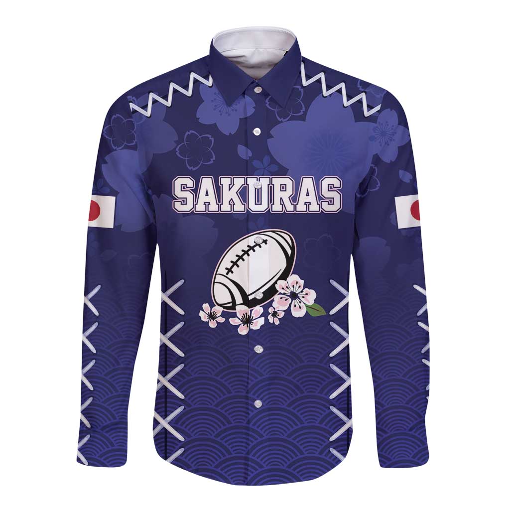 Custom Japan Rugby Pacific Long Sleeve Button Shirt Sakuras Rising Sun with Polynesian Pattern - Wonder Print Shop