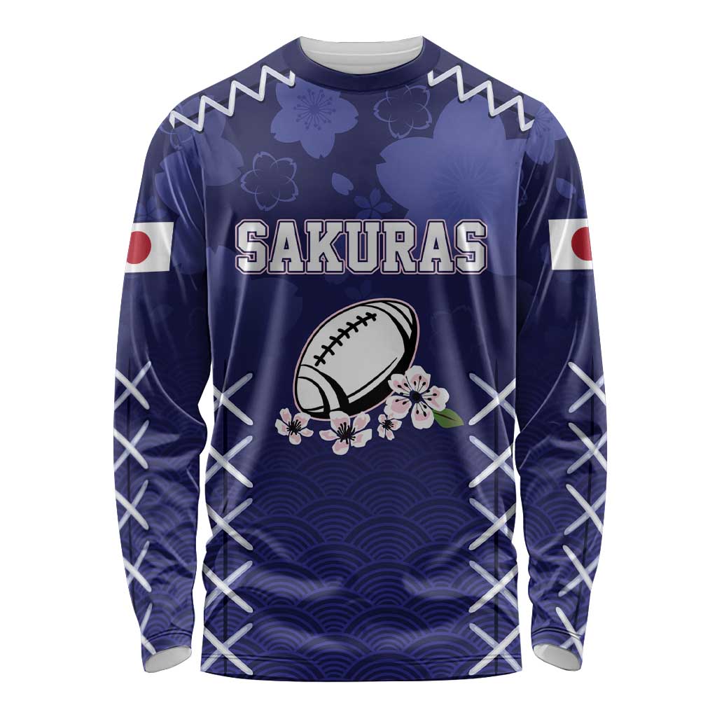 Custom Japan Rugby Pacific Long Sleeve Shirt Sakuras Rising Sun with Polynesian Pattern - Wonder Print Shop