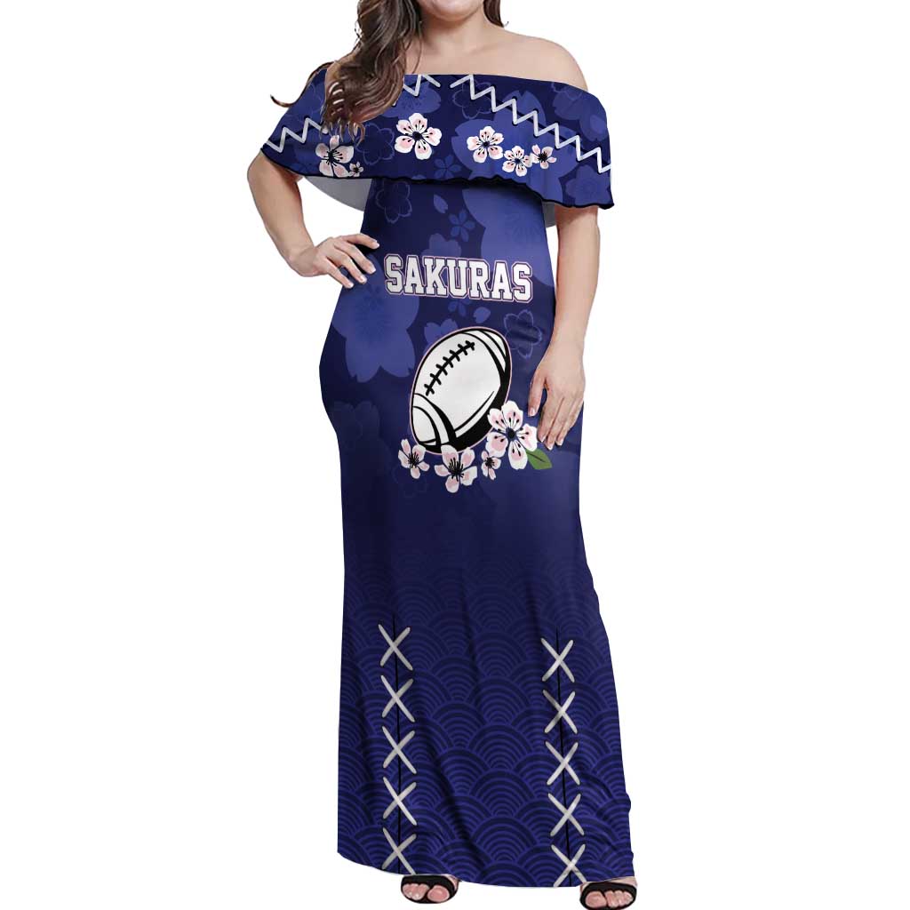 Custom Japan Rugby Pacific Off Shoulder Maxi Dress Sakuras Rising Sun with Polynesian Pattern - Wonder Print Shop